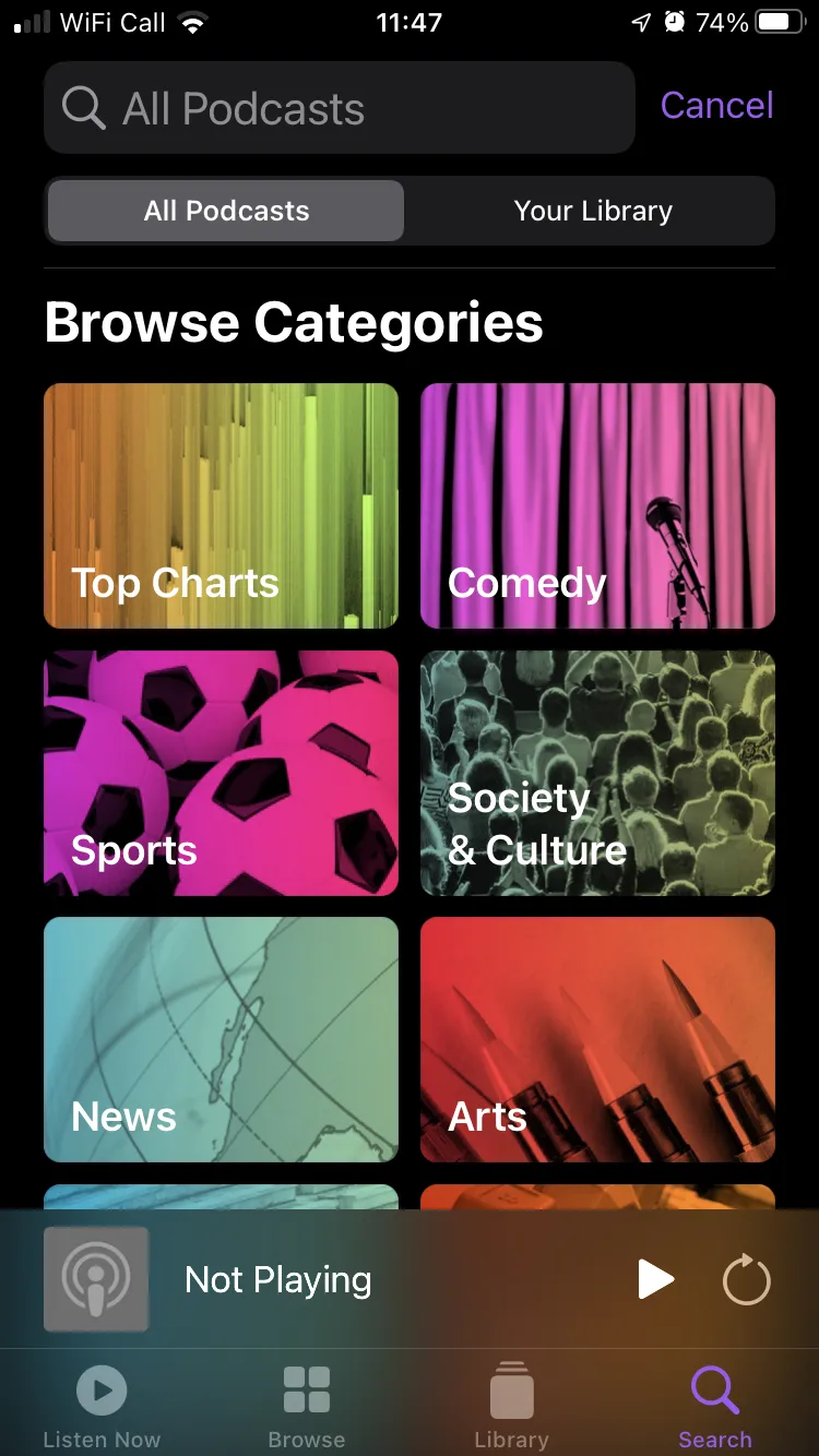 The Search tab in the lower right of the Podcasts app
