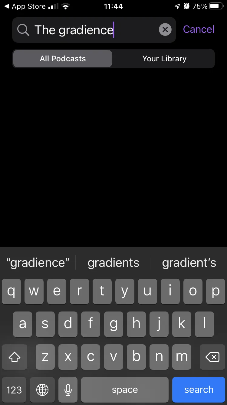 Typing a podcast name into the Podcasts search field