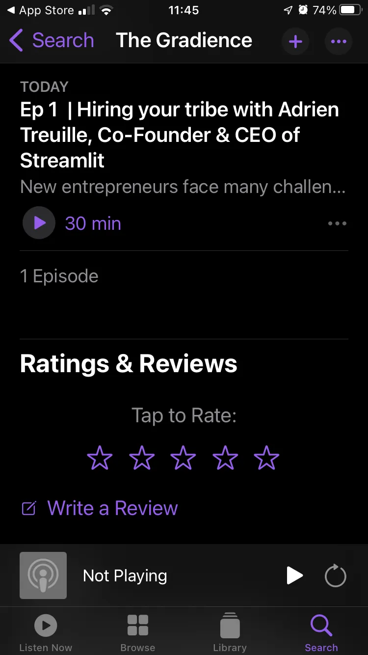 The Write a Review link at the bottom of a podcast page