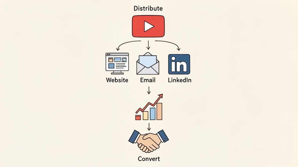 A marketing flowchart illustrating video content distribution from YouTube to website, email, and LinkedIn, leading to conversion.