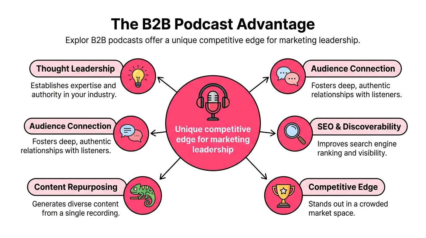A diagram outlining the B2B podcast advantage with benefits like thought leadership, audience connection, and content repurposing.