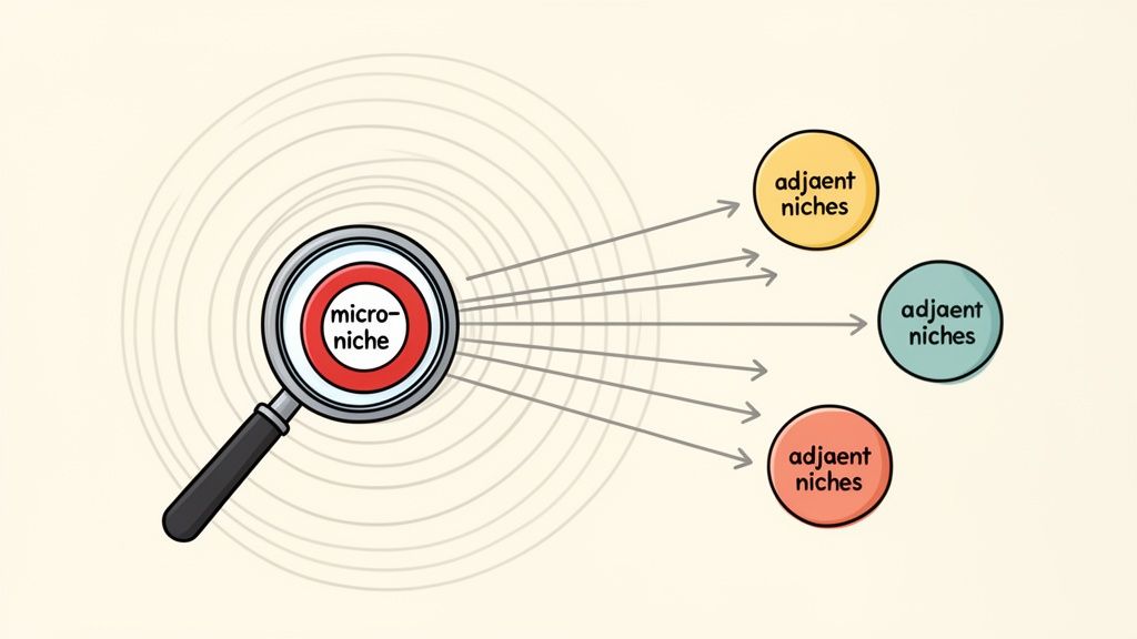 A magnifying glass highlights a 'micro-niche' leading to three separate 'adjacent niches'.