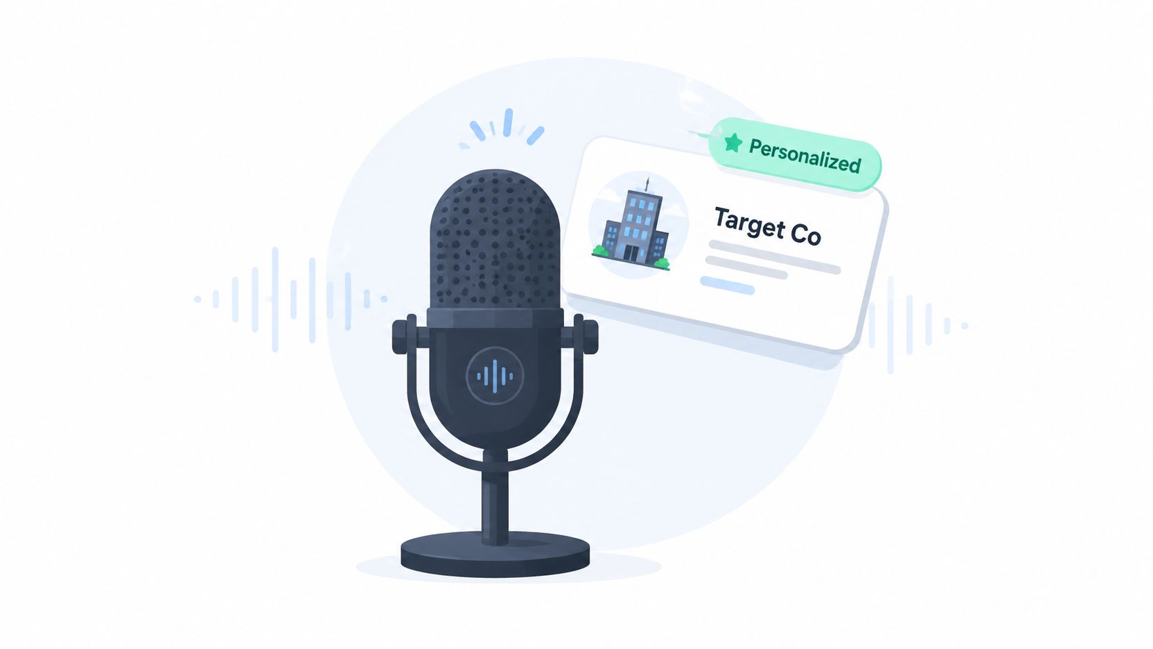 A studio microphone next to a business card icon labeled with Target Co and Personalized tag.
