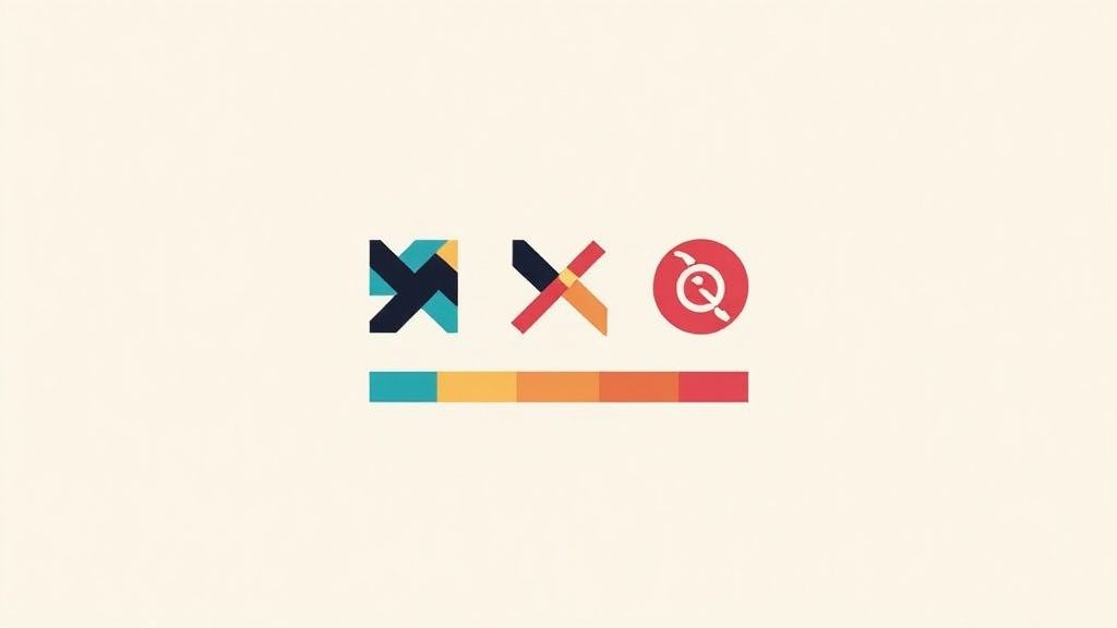 Three abstract, colorful brand logos with a corresponding color palette bar on a cream background.