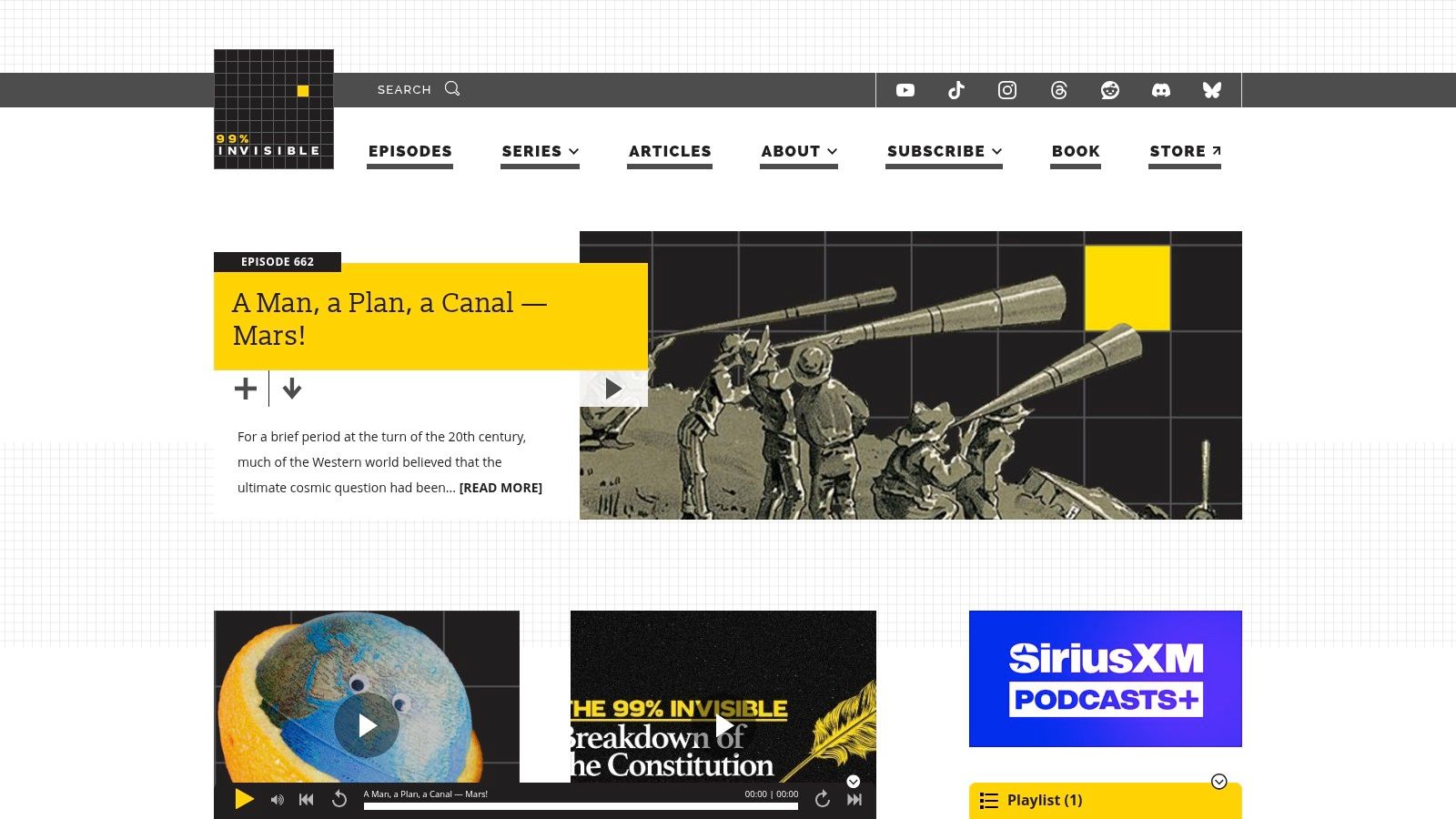 99% Invisible podcast website homepage with episode archive and categories