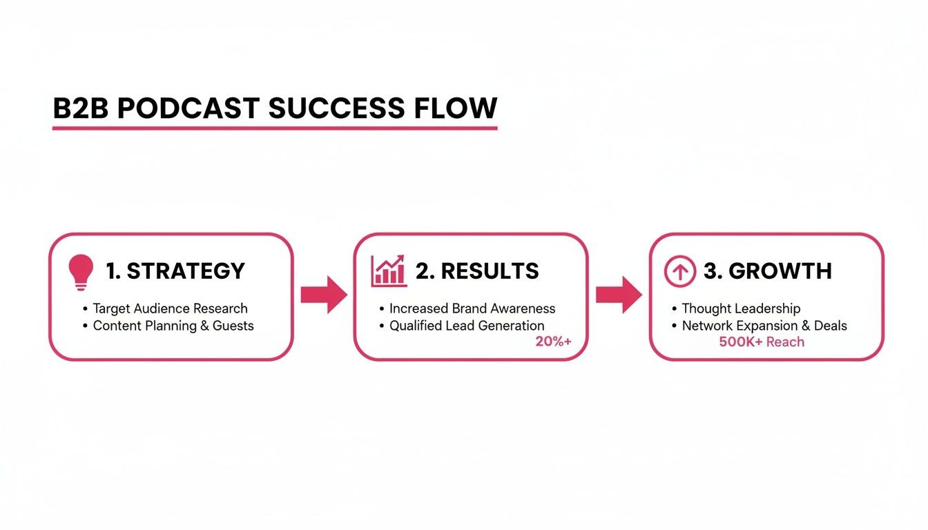 B2B Podcast Success Flow diagram detailing strategy, results, and growth stages with key metrics.