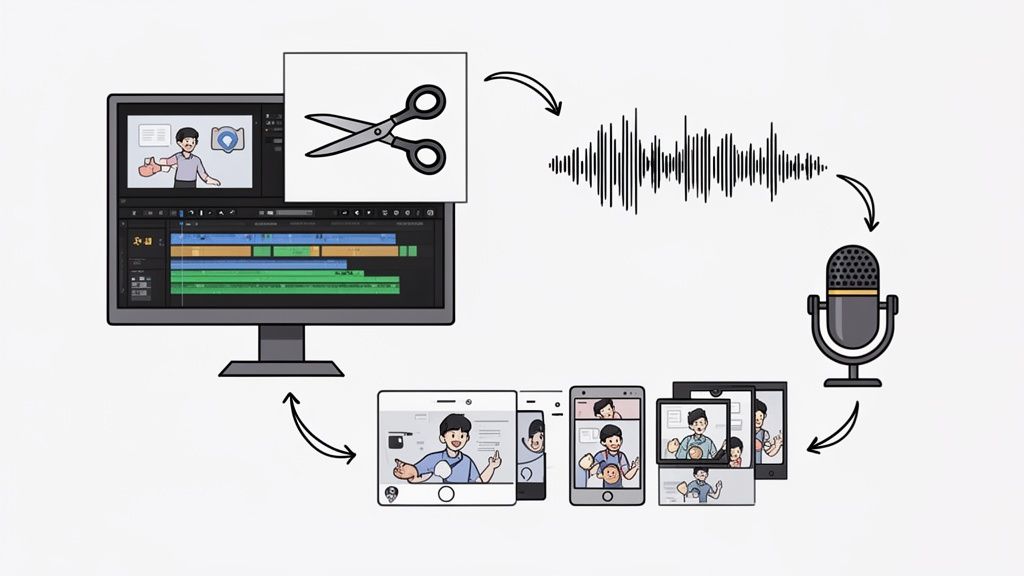 Diagram showing video production workflow: editing, audio processing, and multi-device content distribution.