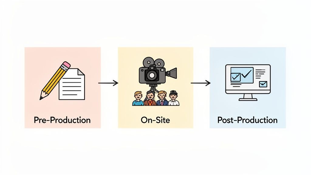 An infographic illustrating the three stages of video production: pre-production, on-site filming, and post-production.