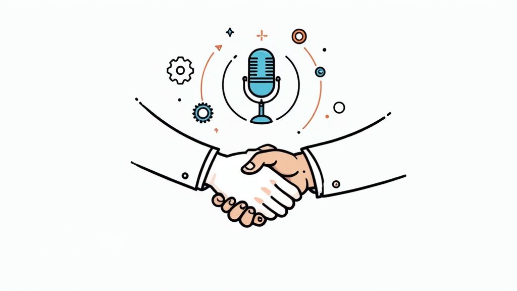 Two professionals shaking hands across a table with podcasting equipment, symbolizing a B2B podcast marketing partnership.