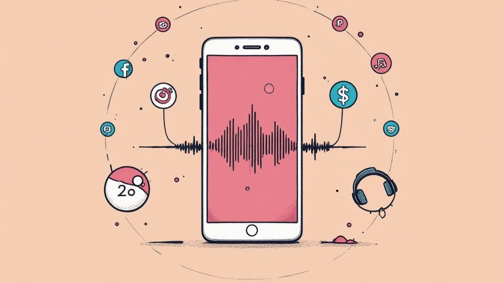 A graphic illustrating how podcast audio is repurposed into audiograms and shared on various social media platforms to increase reach.