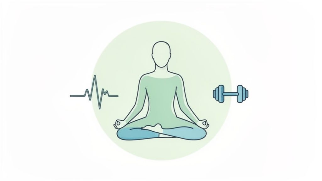 Illustration of a person meditating with a heart rate monitor and a dumbbell, symbolizing holistic health.