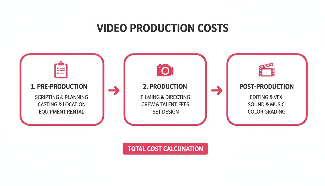 A flowchart detailing video production costs across pre-production, production, and post-production stages.