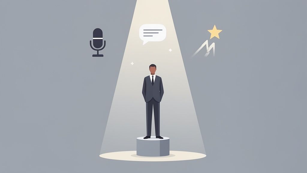 Businessman under a spotlight on a podium with icons for microphone, speech, and success.