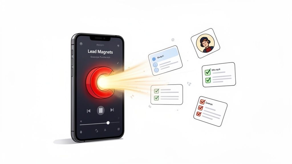 A smartphone screen displaying 'Lead Magnets' with a glowing 'C' logo radiating digital marketing assets.