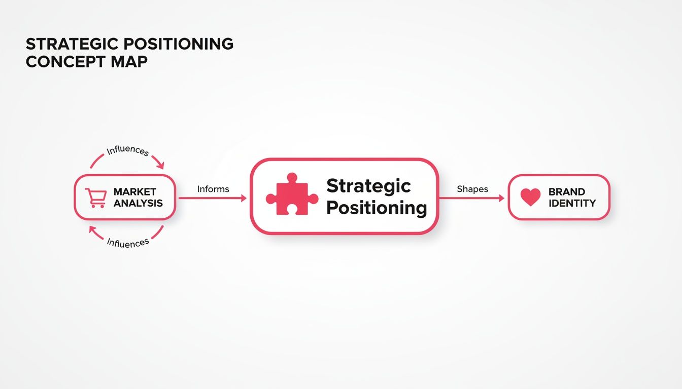 A concept map showing how market analysis influences strategic positioning, which then shapes brand identity.