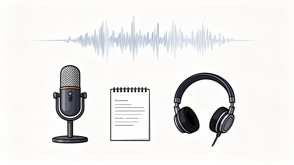 An illustration showing a microphone, notepad, headphones, and a sound wave, representing audio production or podcasting.