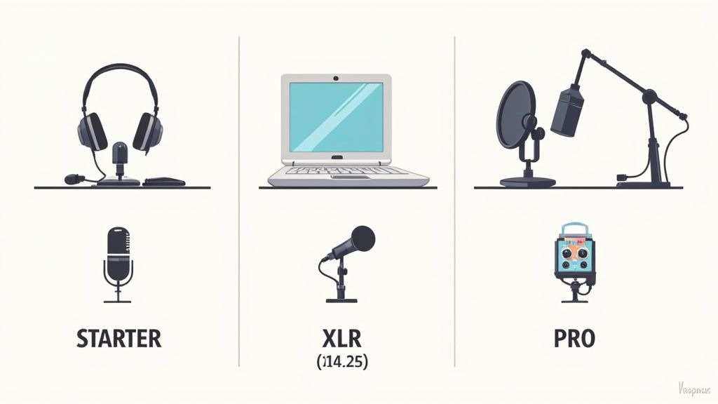 Three levels of podcasting equipment setup from starter microphone to professional studio gear illustration