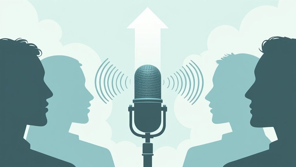 A person recording a podcast in a professional studio setting, symbolizing B2B podcast promotion.