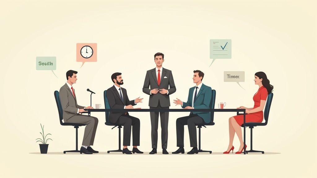 Professional business meeting with five people discussing around conference table with standing presenter