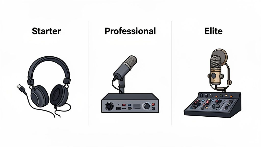Three illustrations showing podcast setups: starter headphones, professional microphone, and elite mixing console.