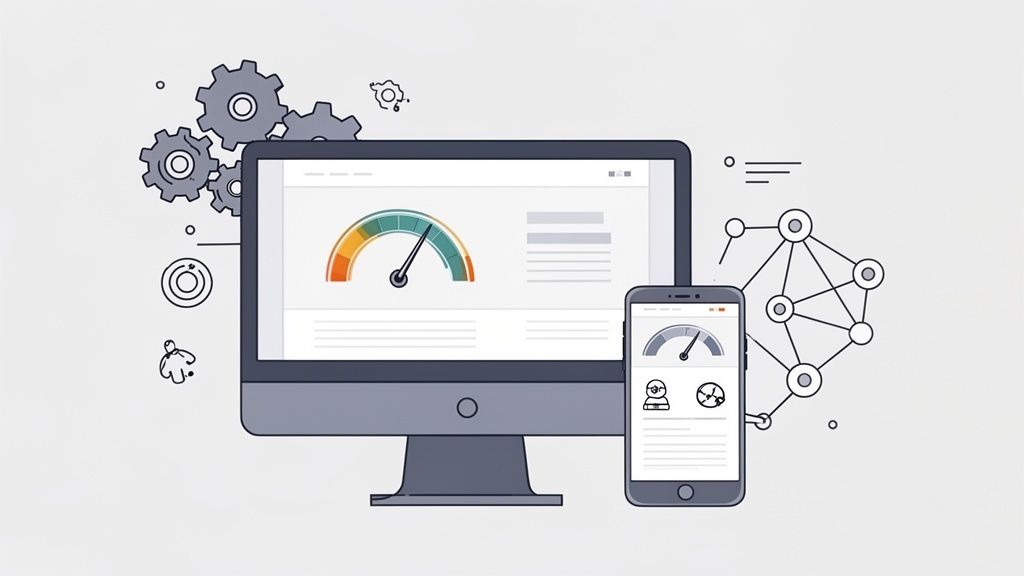 Digital devices showing performance gauges, surrounded by gears and a network, symbolizing optimization.