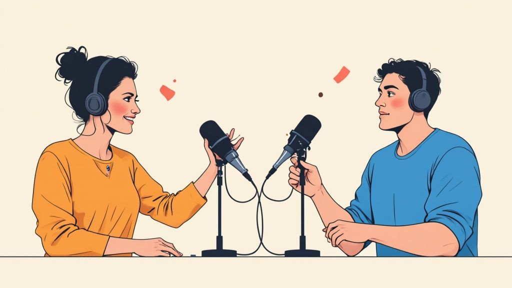 A microphone with sound waves, symbolizing the reach of strategic podcast guesting.