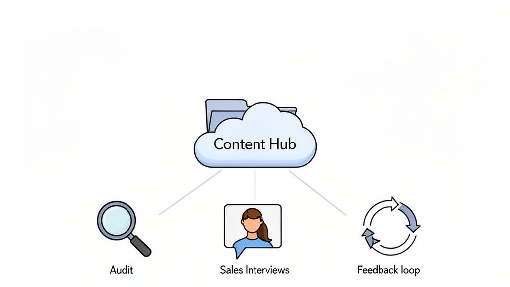 A diagram showing a Content Hub in a cloud, connected to Audit, Sales Interviews, and a Feedback loop.