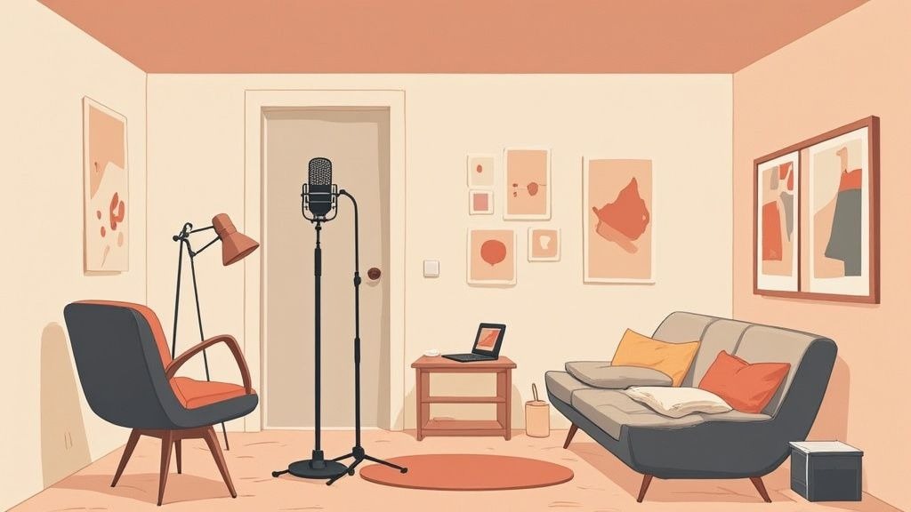 A cozy home podcast studio with acoustic panels on the wall and a microphone set up on a desk.