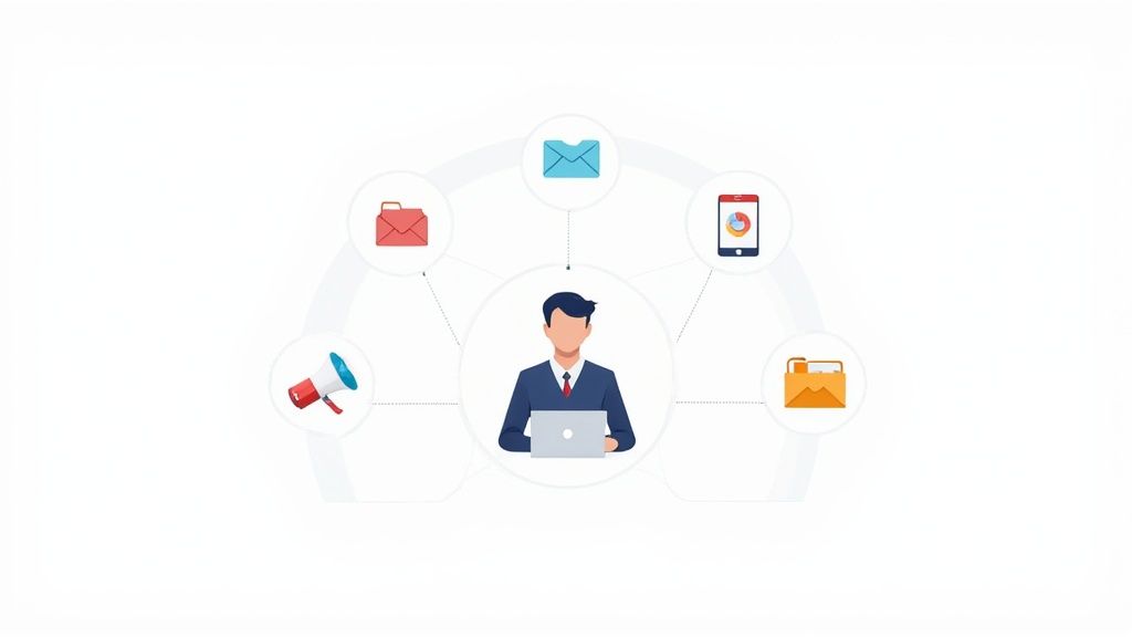 Businessman with laptop, surrounded by icons for communication, data, and business management.