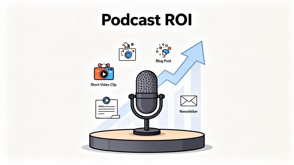 Illustration showing podcast ROI with a microphone surrounded by content types like video, blog posts, and newsletters, pointing to increased returns.
