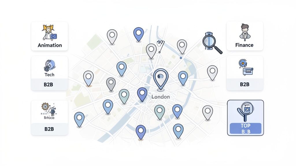 Map of London with various location pins and cards for different business categories like tech and finance.