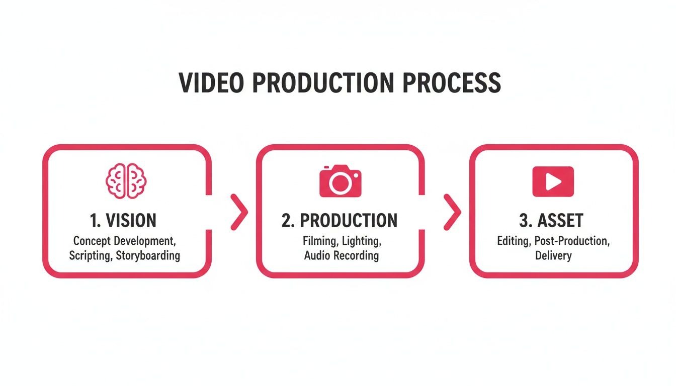 Infographic illustrating the three-step video production process: vision, production, and asset, with details for each stage.
