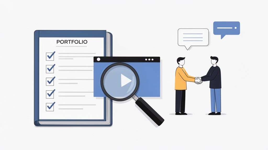 Illustration of a video portfolio, video search, and two men shaking hands in a business meeting.