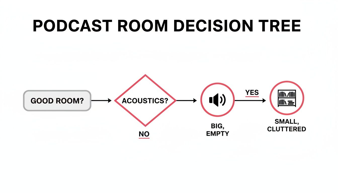 A podcast room decision tree flowchart for selecting the best recording space based on acoustics.