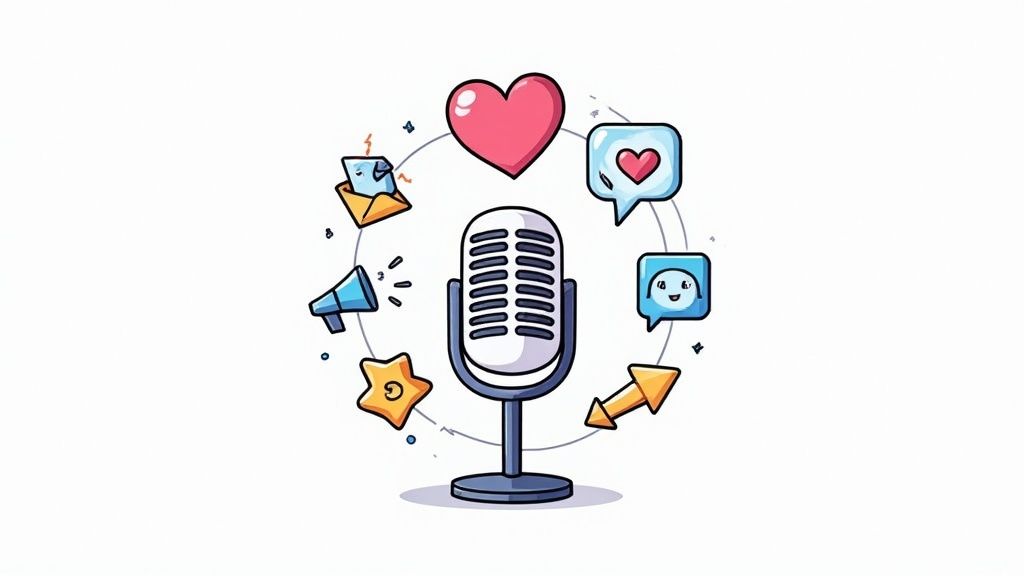 A graphic illustrating various social media engagement metrics like likes, comments, and shares surrounding a podcast icon.