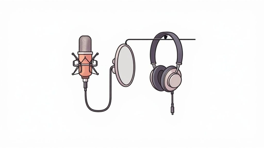 A podcaster speaking into a microphone mounted on a boom arm, wearing professional headphones.