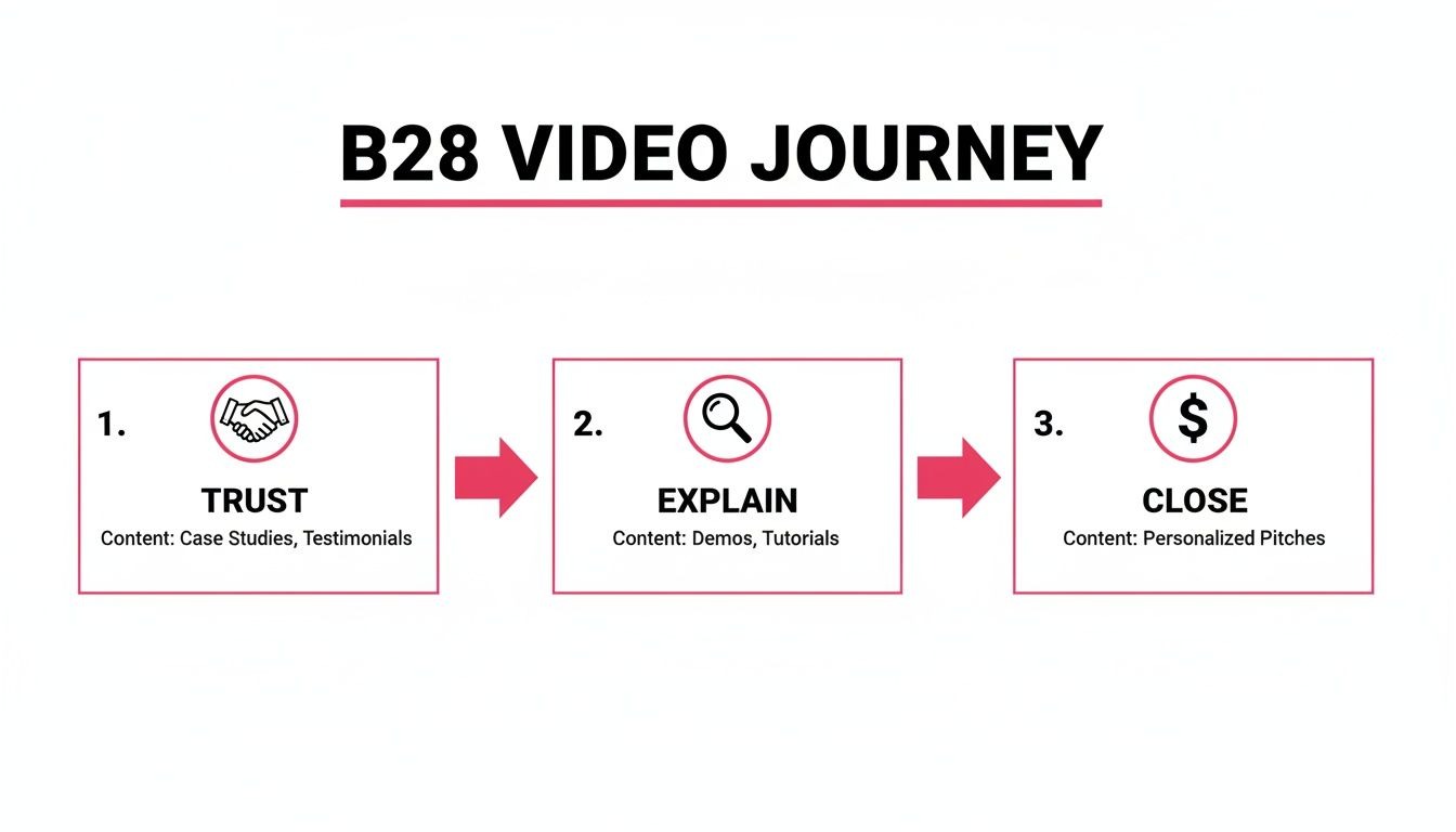 A B28 video journey illustrating three stages: Trust, Explain, and Close, with corresponding content types.