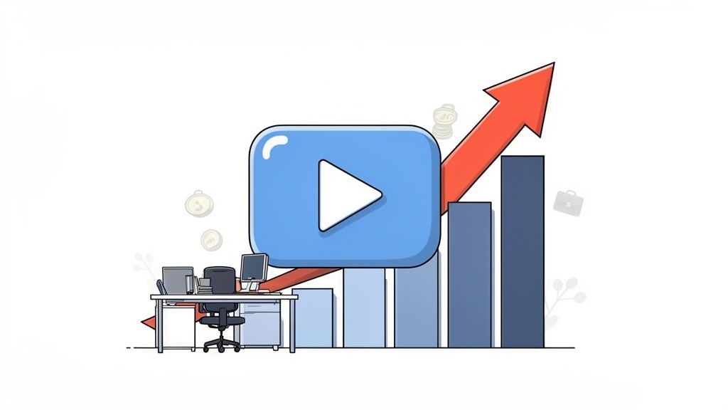A video play button over a rising bar chart with an upward arrow, symbolizing business growth.
