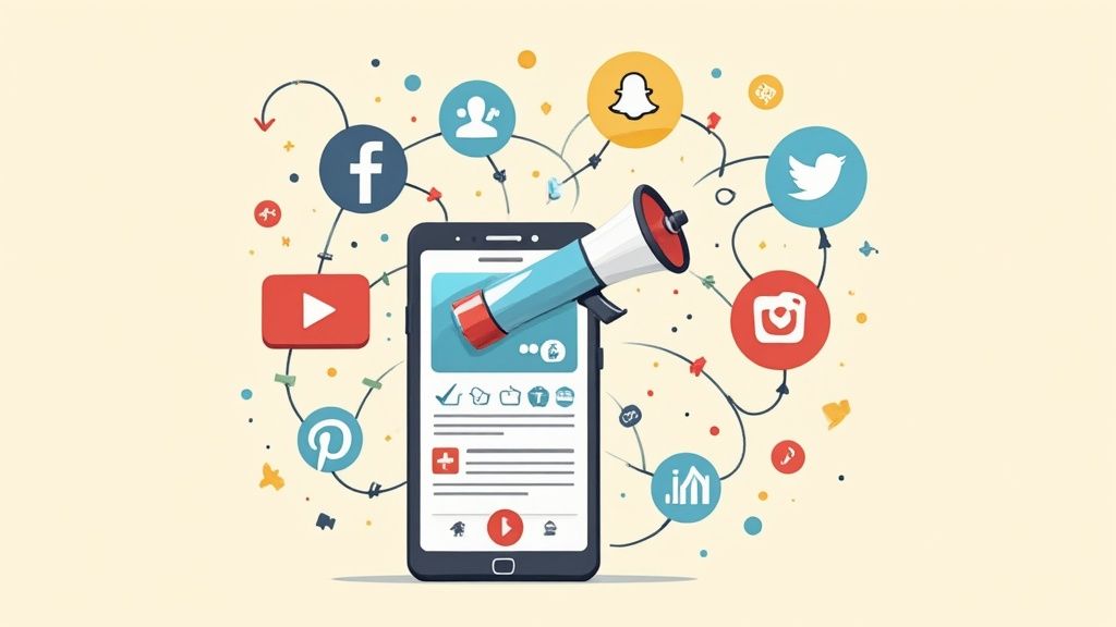 A digital illustration showing podcast promotion channels with icons for social media, other podcasts, and influencers, highlighting ROI with upward-trending graphs.