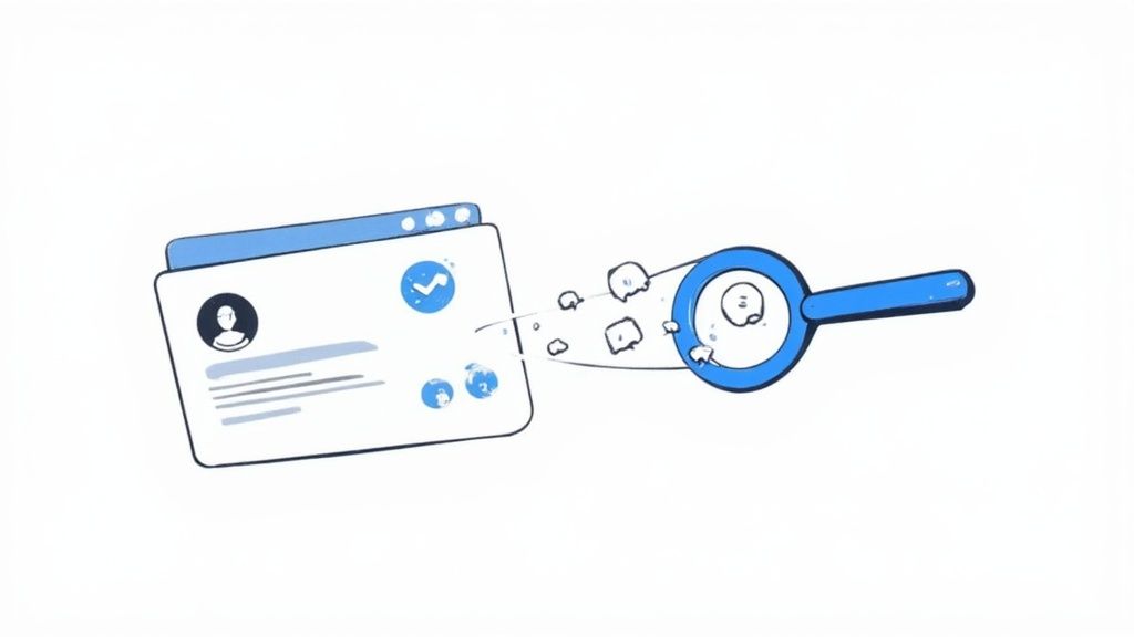 An illustration of data flowing from a digital interface into a magnifying glass for analysis.