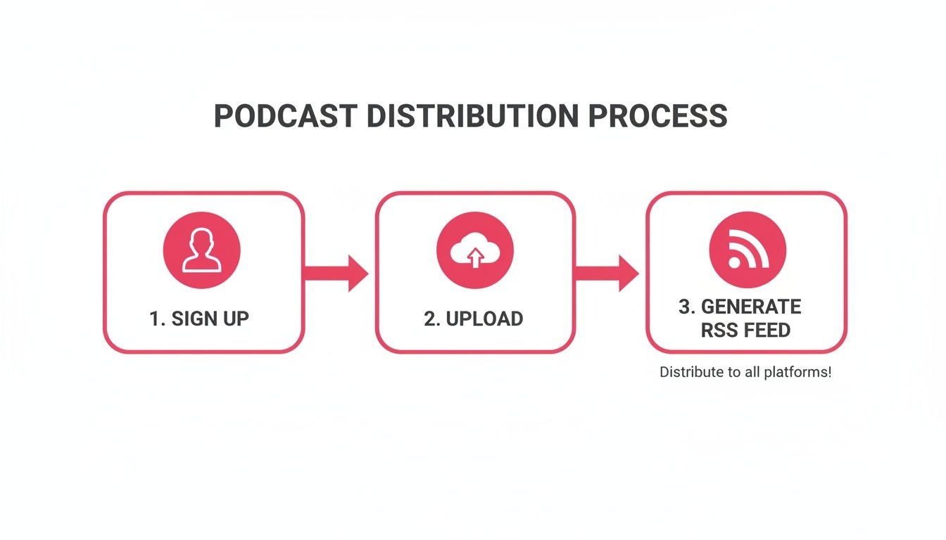 A flowchart illustrating the podcast distribution process: sign up, upload, and generate RSS feed.
