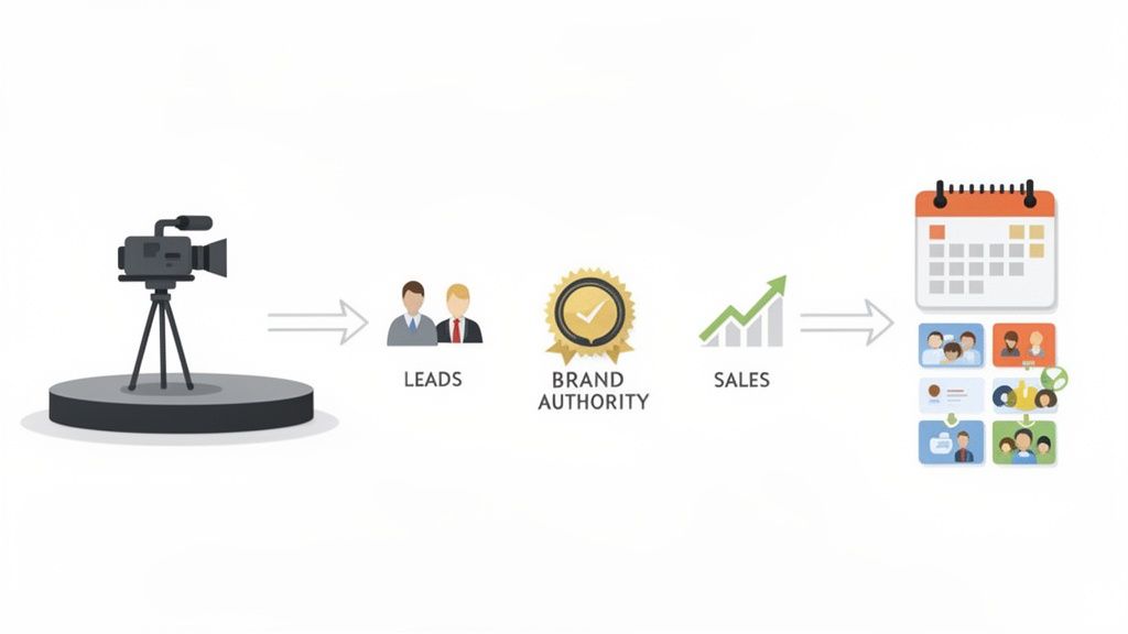 Diagram showing video production generating leads, brand authority, sales, and scheduled content.