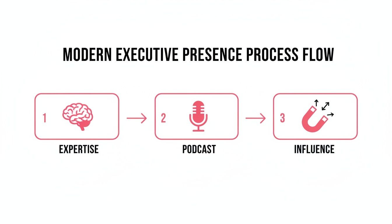A three-step process flow diagram for modern executive presence, including expertise, podcast, and influence.
