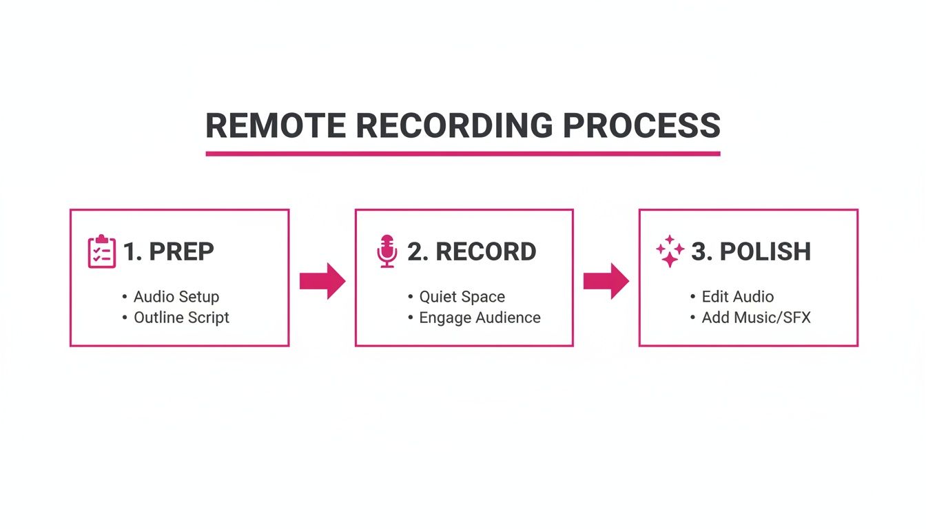 Diagram illustrating the remote audio recording process, covering preparation, recording, and post-production steps.
