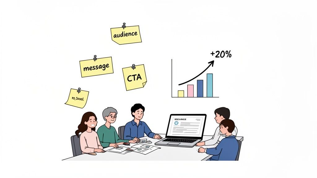 A team collaboratively plans marketing strategy with sticky notes for audience, message, CTA, and a growth graph.