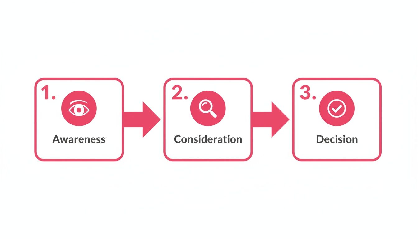 Visual representation of a customer journey: Awareness, Consideration, Decision funnel.