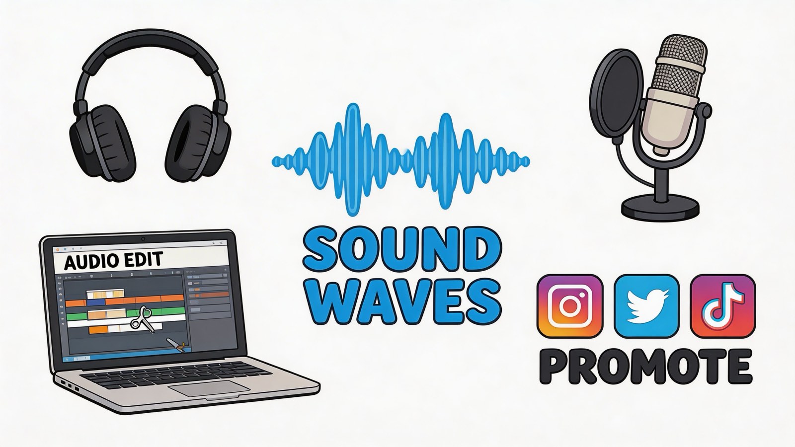 A digital illustration featuring headphones, a microphone, a laptop for audio editing, and social media icons.