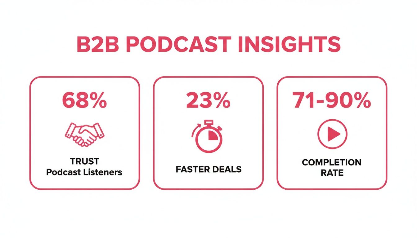 B2B podcast insights infographic highlighting listener trust, faster deals, and high completion rates.