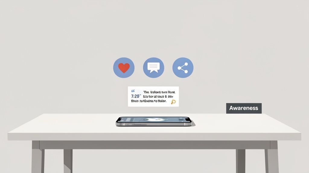 A smartphone on a table with social media interaction icons and an 'Awareness' label, illustrating a marketing stage.