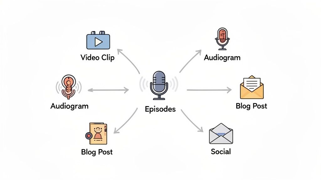 Diagram showing podcast episodes being repurposed into video clips, audiograms, blog posts, and social media.